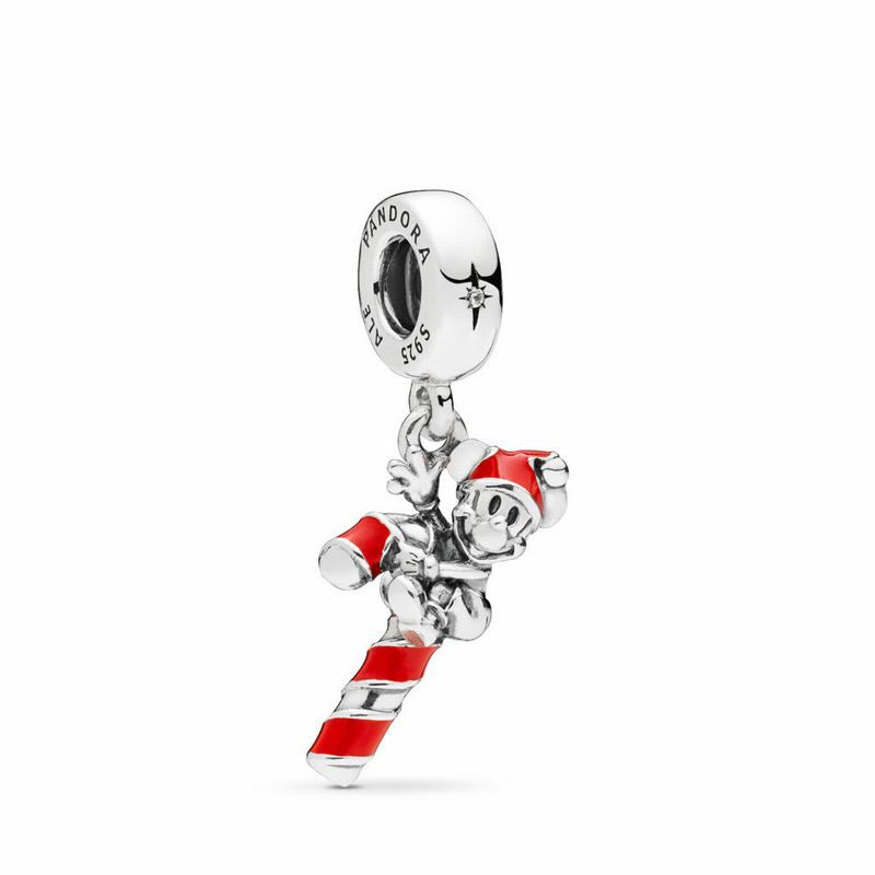 Pandora Australia Disney Santa Mickey’s Candy Cane Dangle Charm - Sterling Silver | ZOSJDW173